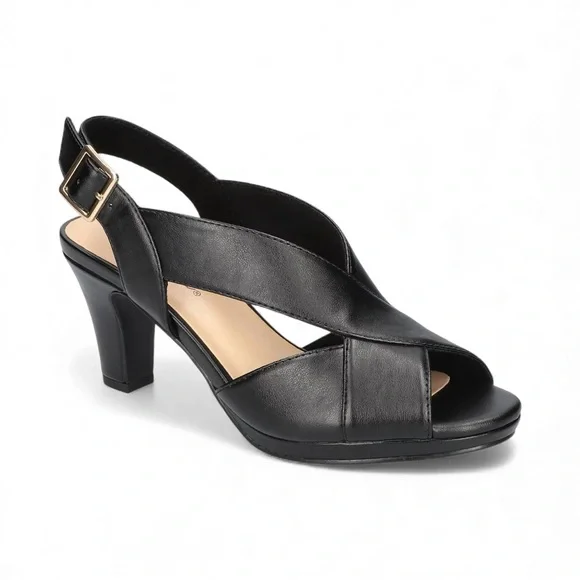 Easy Street Christy Slingback Heeled Sandals Cross Strap Buckle 7.5 Black NEW - Picture 1 of 16
